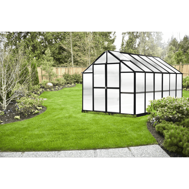 garden setting of 12ft black mont greenhouse growers edition