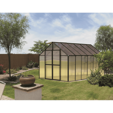 garden setting of the 12ft black mont greenhouse premium