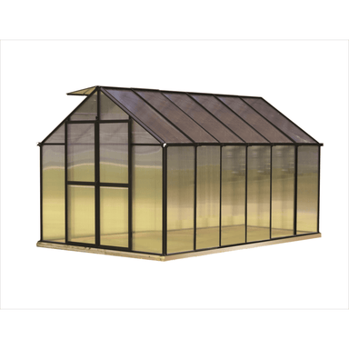 side view of the 12ft black monticello greenhouse premium package