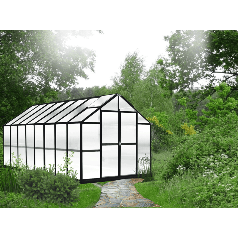 garden setting view of the 16ft black monticello growers greenhouse 