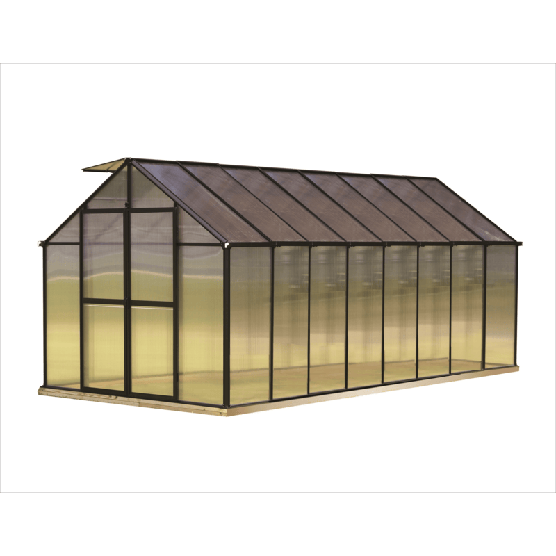 side view of the 16ft black mont greenhouse premium package