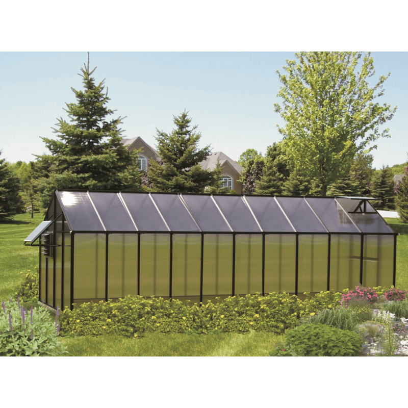side view of the 20ft black riverstone monticello mojave greenhouse