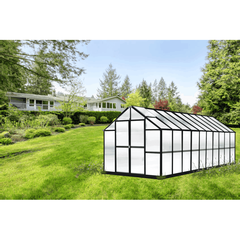 garden setting view of the 20ft black monticello growers greenhouse 