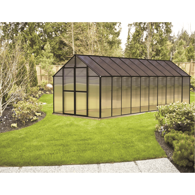 garden setting of the 20ft black monticello premium greenhouse 