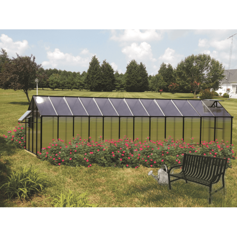 side view of the 24ft black monticello mojave greenhouse