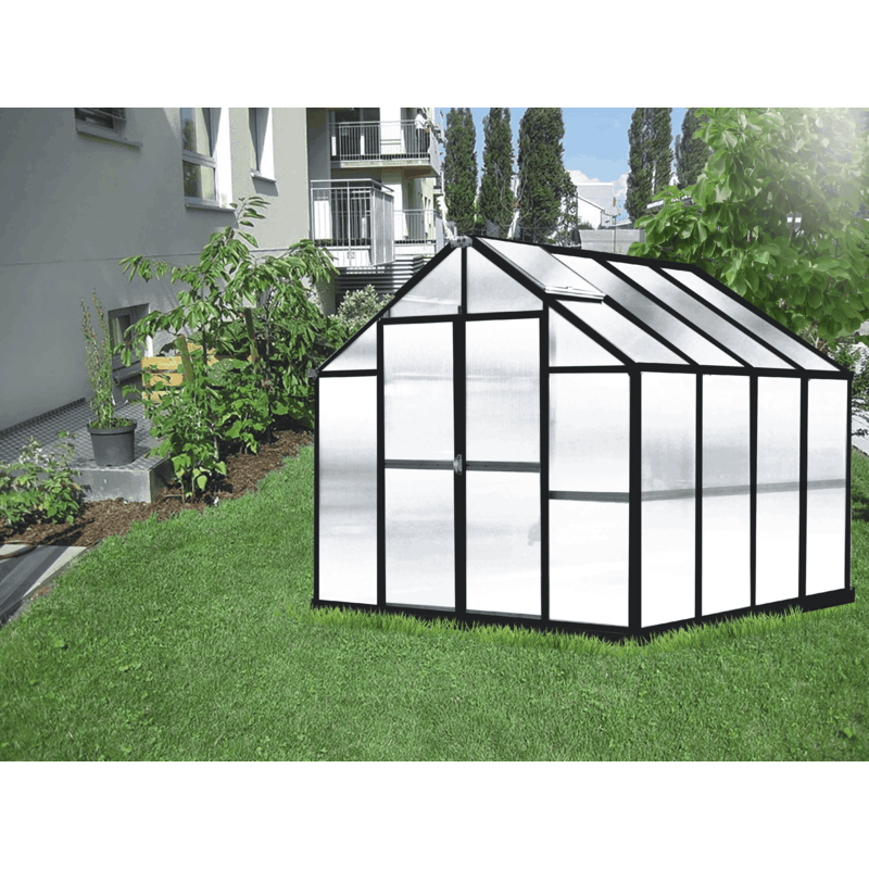 garden setting image of the 8ft black monticello greenhouse growers edition