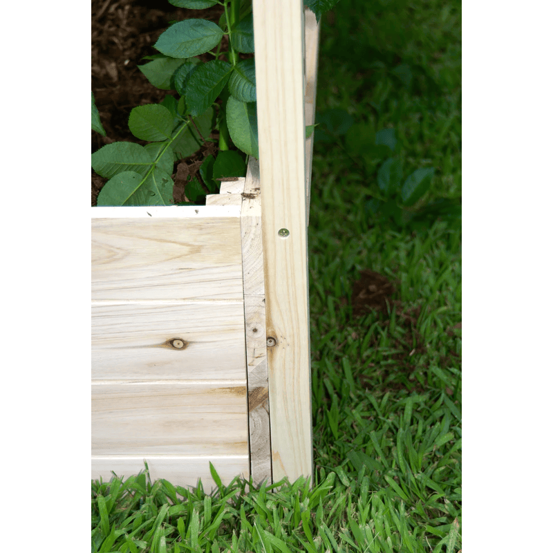 Back corner view of the EDEN raised garden bed with trellis