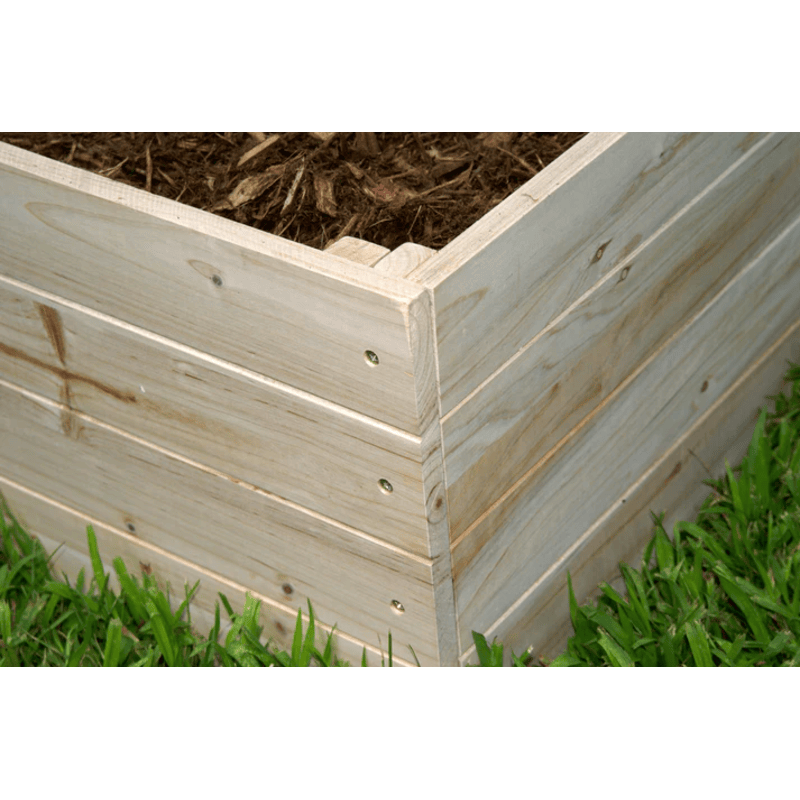 corner view of the EDEN raised garden bed with trellis