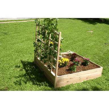 back view of the flowers planted in the EDEN raised garden bed with trellis