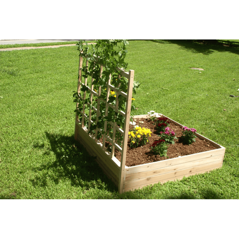 back view of the flowers planted in the EDEN raised garden bed with trellis