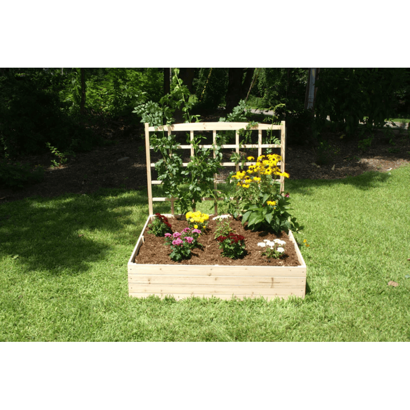 view of the flowers planted in the EDEN raised garden bed with trellis