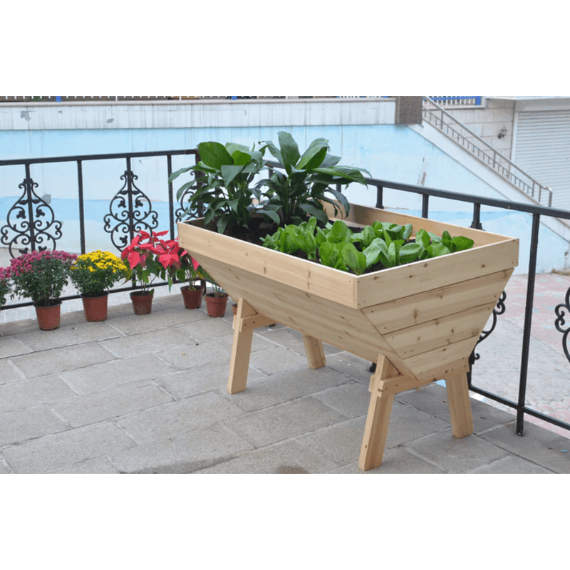 white background image of Eden deep root V-shaped garden table with plants growing in it