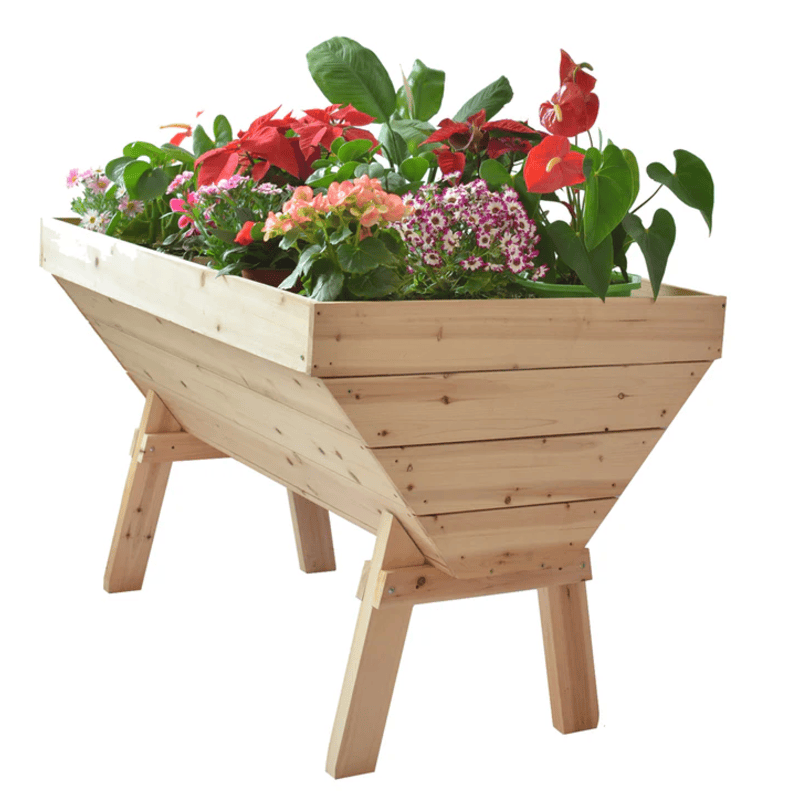 white background image of Eden deep root V-shaped garden table with flowers planted in it