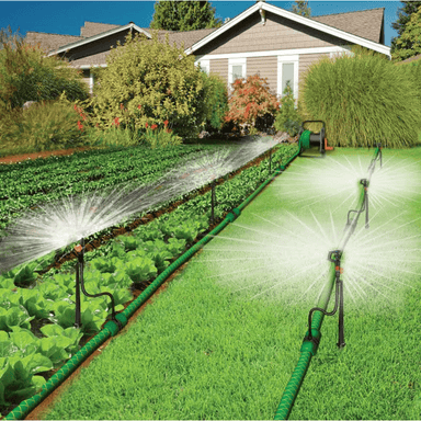 graphic lifestyle image of GENESIS 65FT customizable portable sprinkler watering system