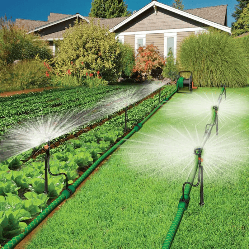graphic lifestyle image of GENESIS 65FT customizable portable sprinkler watering system