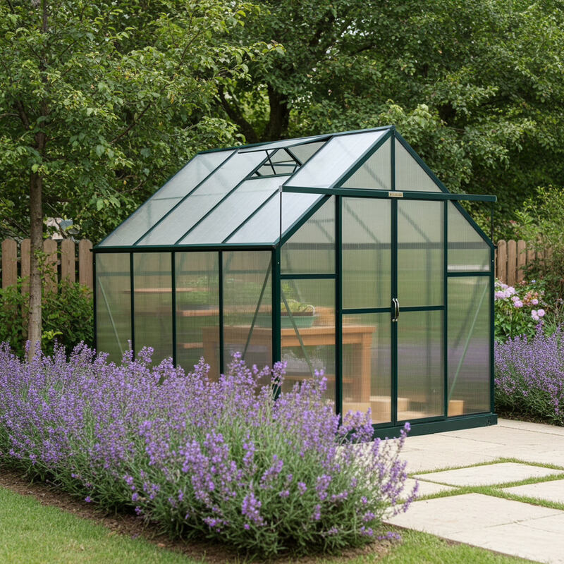 Grandio Ascent 8×8 Greenhouse placed in a garden on a concrete floor