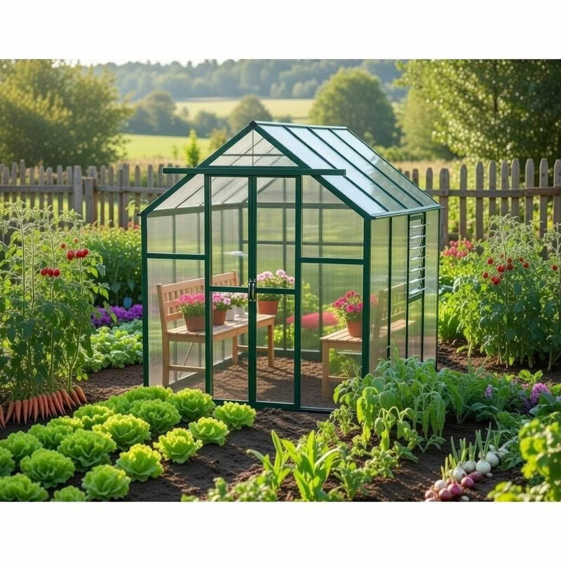Garden setting image of the Grandio Element 6x4 Greenhouse
