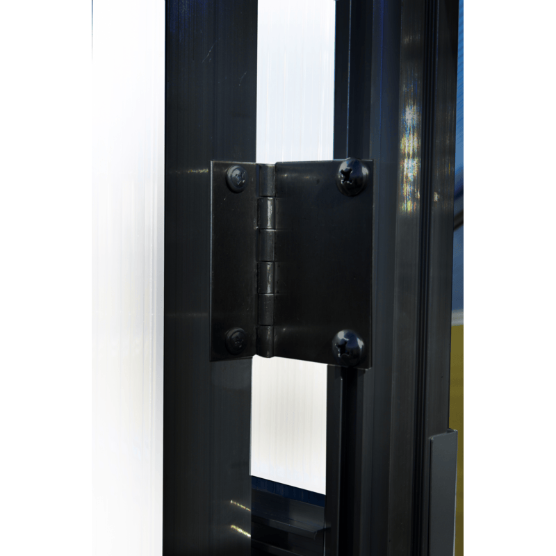view of the door hinge of the mont black greenhouse growers edition