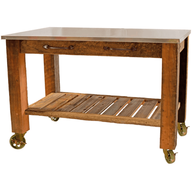 front view of the lee display potting table rolling cart with gold caster wheels and drawer pulls