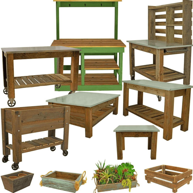view of the complete collection of lee display redwood gardening furniture set