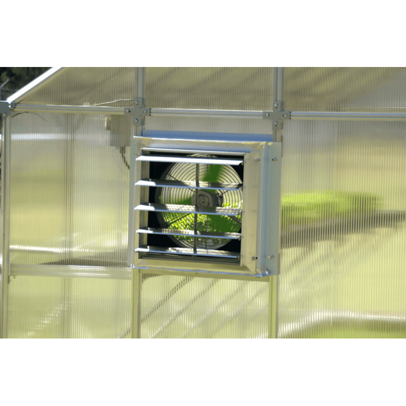 Exterior open view of the mont solar powered ventilation fan for greenhouse