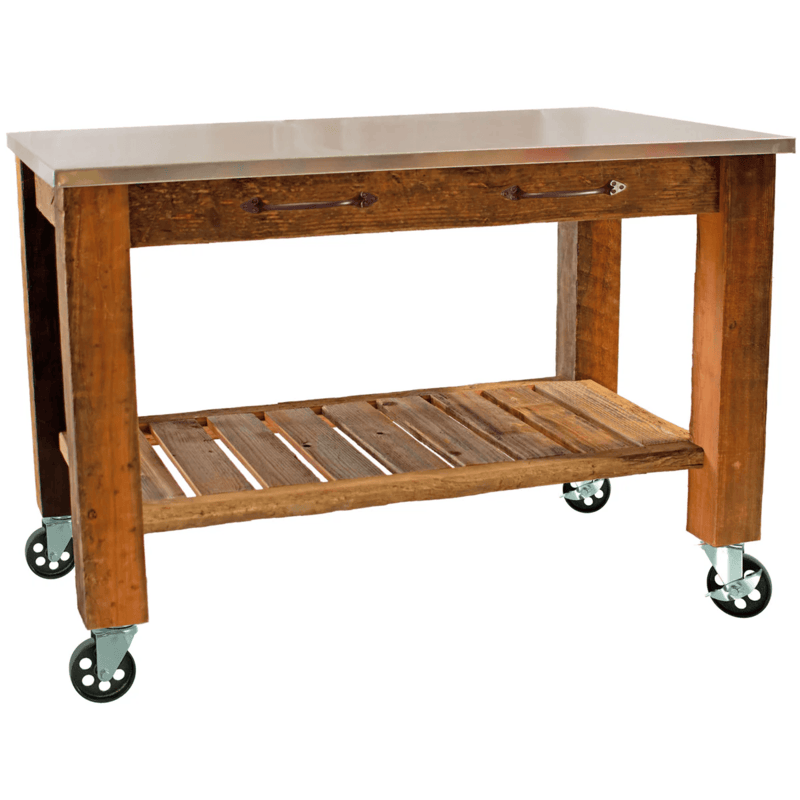 front view of the lee display potting table rolling cart with 5 inch galvanized casters