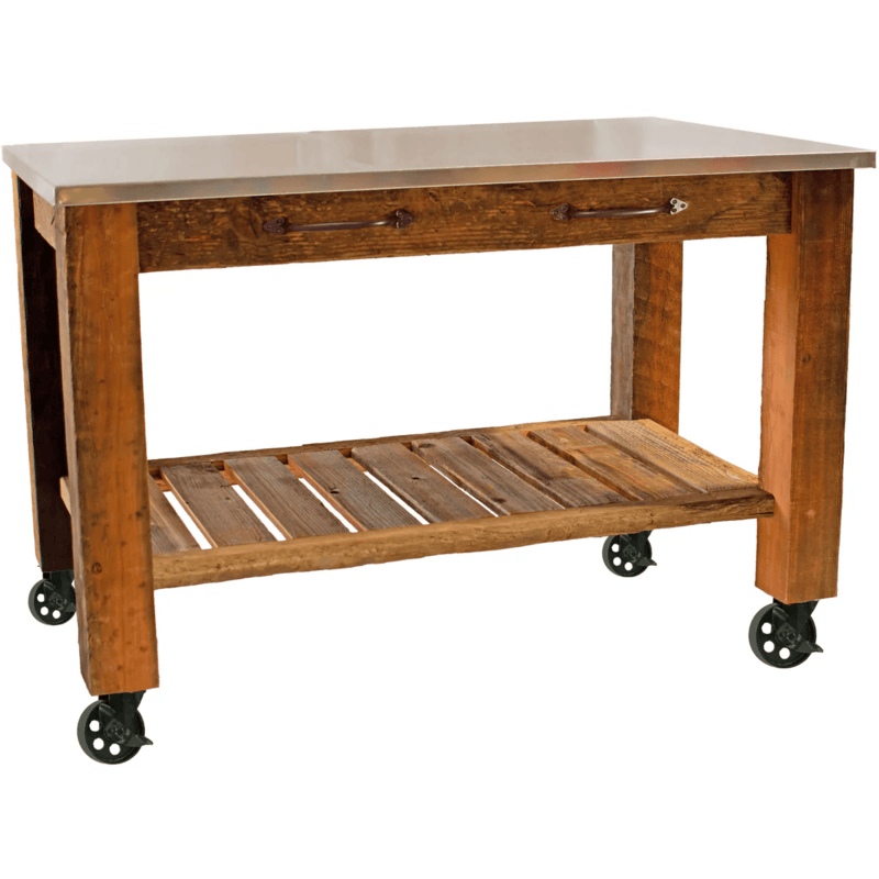 front view of the lee display potting table rolling cart with 5inch black casters