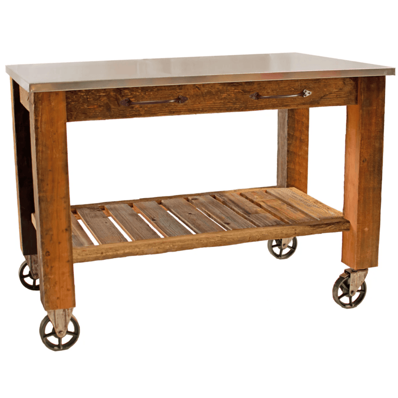 front view of the lee display potting table rolling cart with 6inch vintage casters