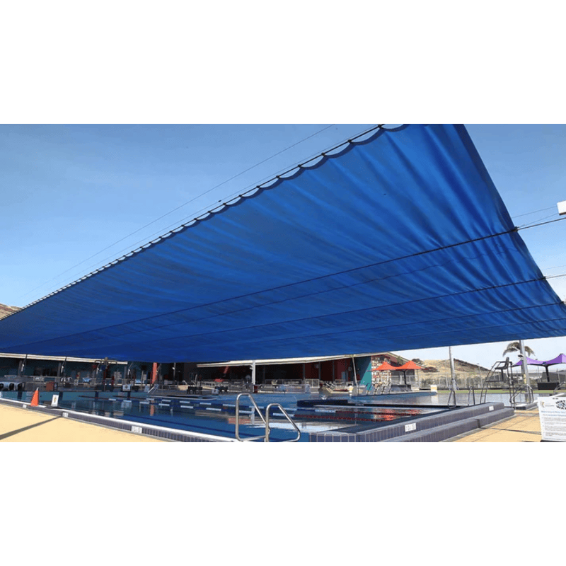 Image of Riverstone Industries 3 season knitted blue shade 50% shade protection used on swimming pool