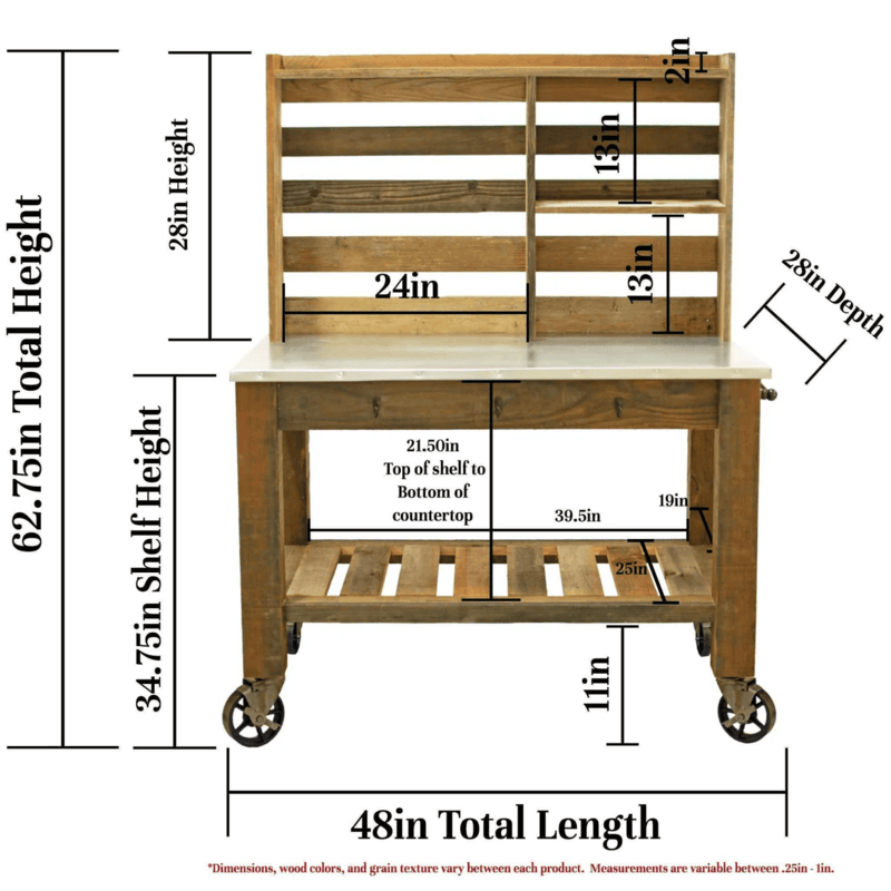 front view of the lee display redwood potting table with dimensions