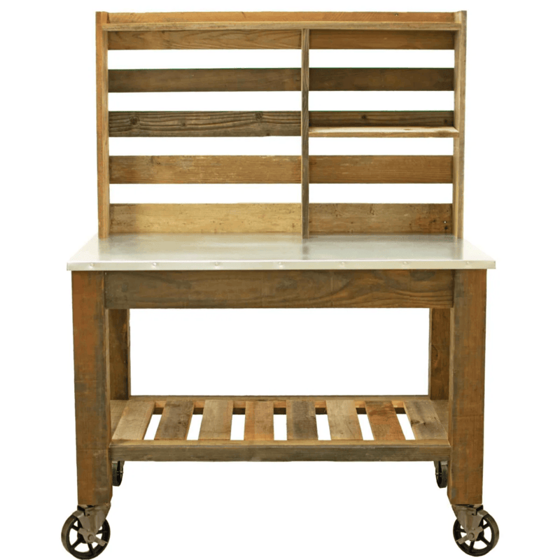 front view of the  lee display redwood potting table with no hooks, drawer pulls and towel bar