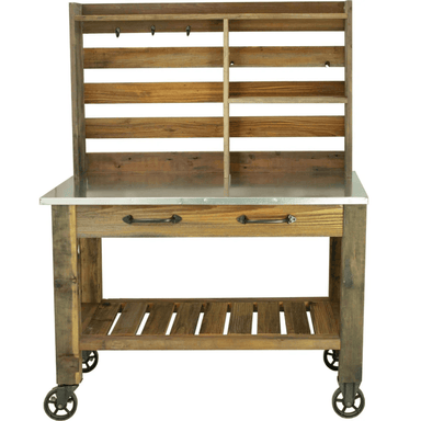 front view of the lee display redwood potting table with hooks attached
