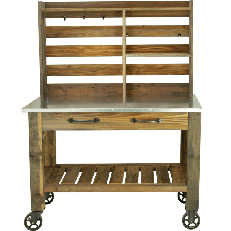 front view of the lee display redwood potting table with hooks attached
