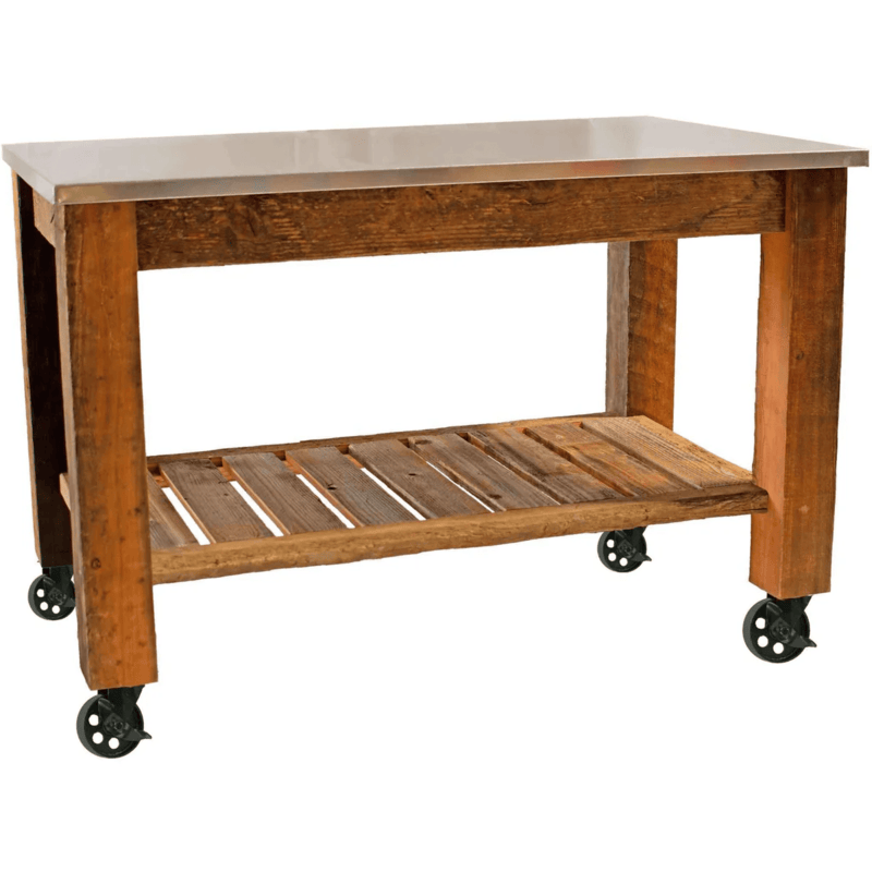 front view of the lee display redwood potting table rolling cart