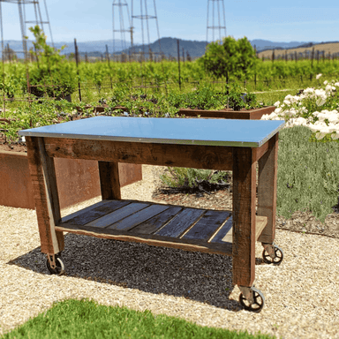 outside front view of the lee display redwood potting table rolling cart