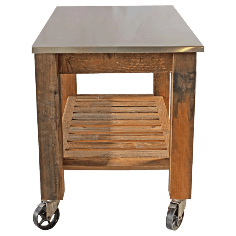 side view of the lee display redwood potting table rolling cart 