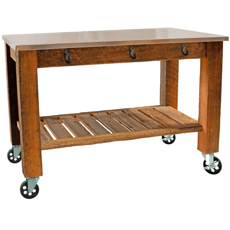 front view of the lee display redwood potting table rolling cart with hooks installed