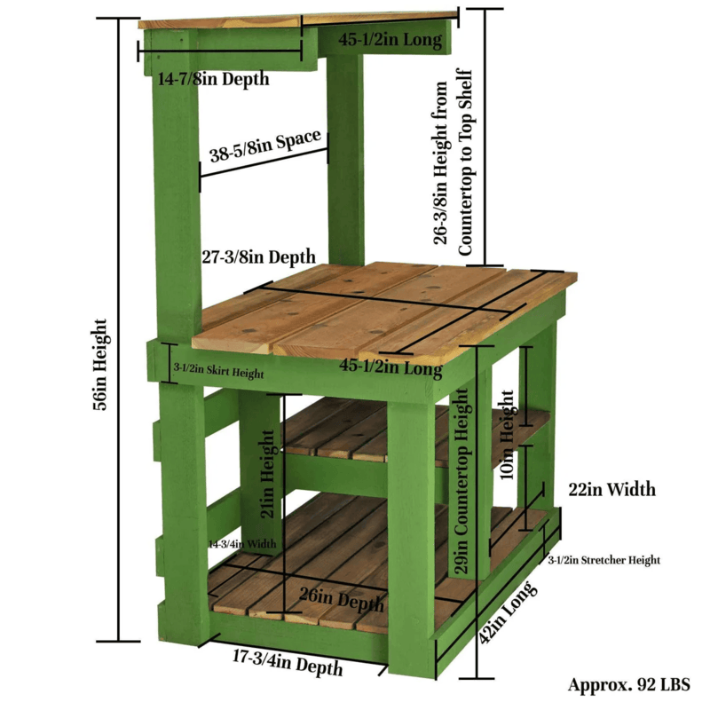 dimensions view of the lee display rustic gardening workbench