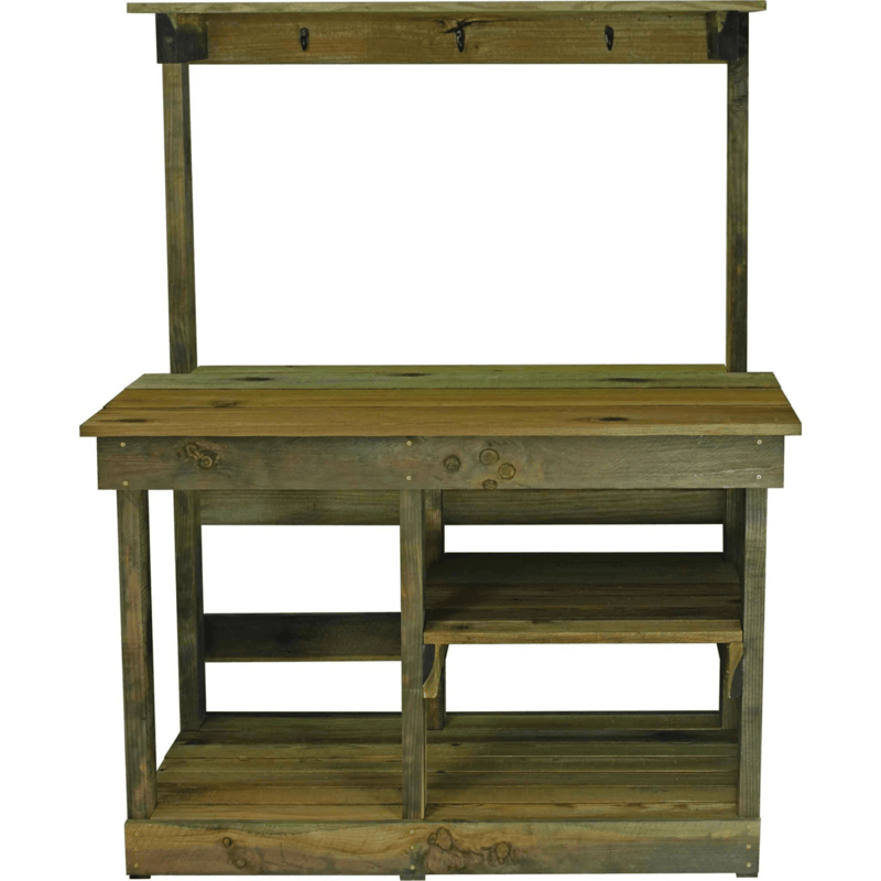 front view of the lee display rustic gardening workbench with natural redwood frame