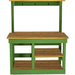 front view of the green painted frame of the lee display rustic gardening workbench