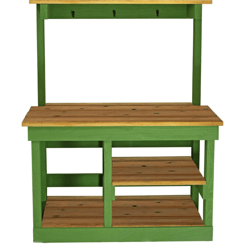 front view of the green painted frame of the lee display rustic gardening workbench