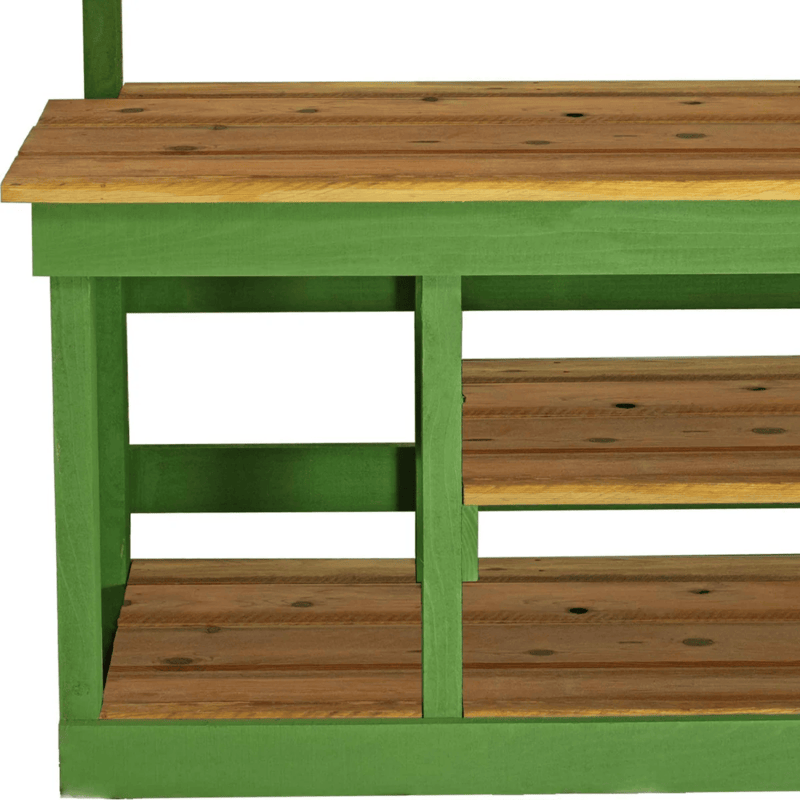 left side close up view of the lee display rustic gardening workbench with green frame