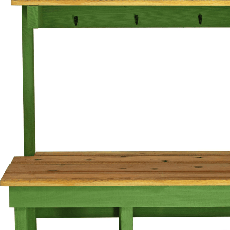 left side close up view of the lee display rustic gardening workbench