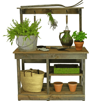 plants and tools on the lee display rustic gardening workbench