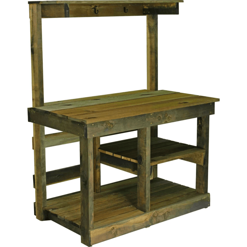 front view of the lee display rustic gardening workbench