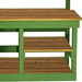 right side close up view of the lee display rustic gardening workbench with green frame