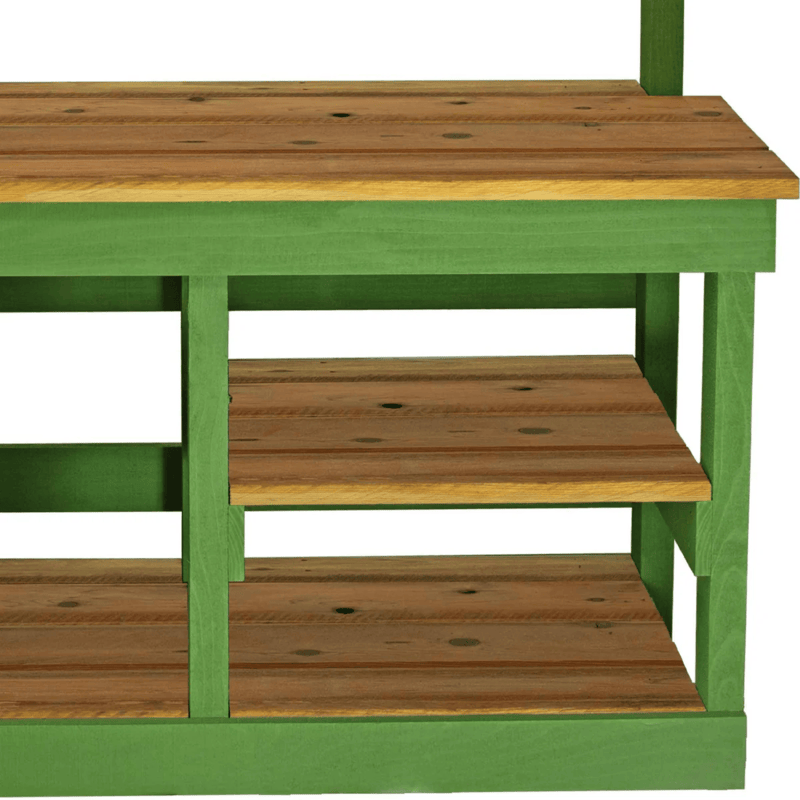 right side close up view of the lee display rustic gardening workbench with green frame
