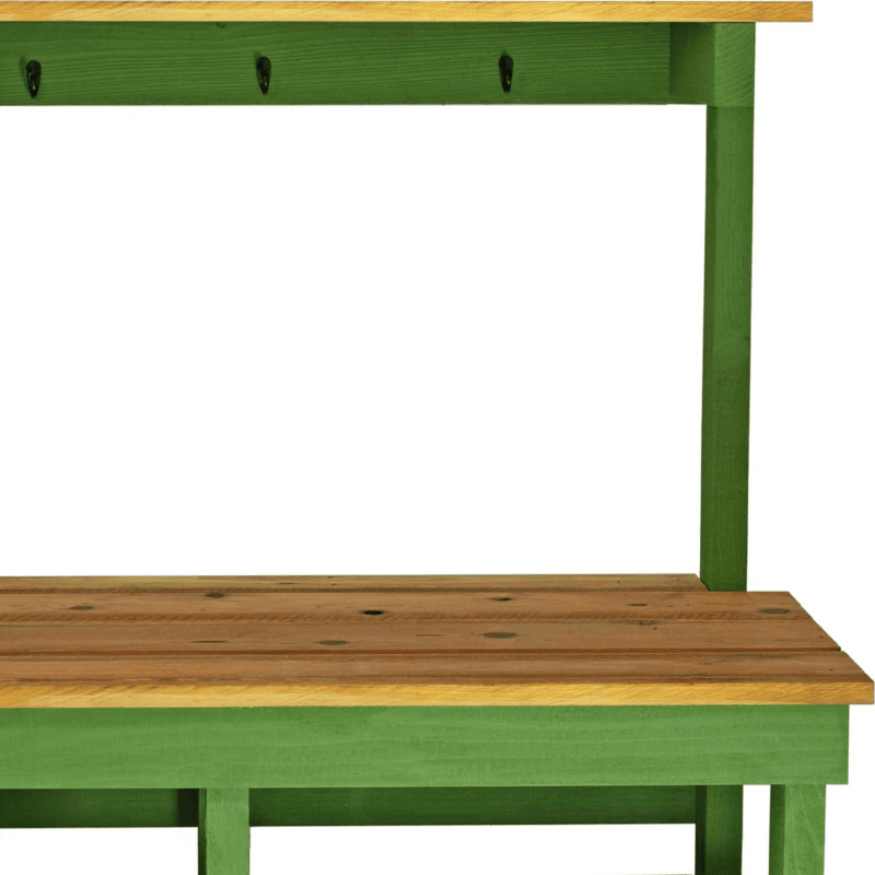 right side close up view of the lee display rustic gardening workbench