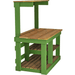 side view of the lee display rustic gardening workbench with green frame