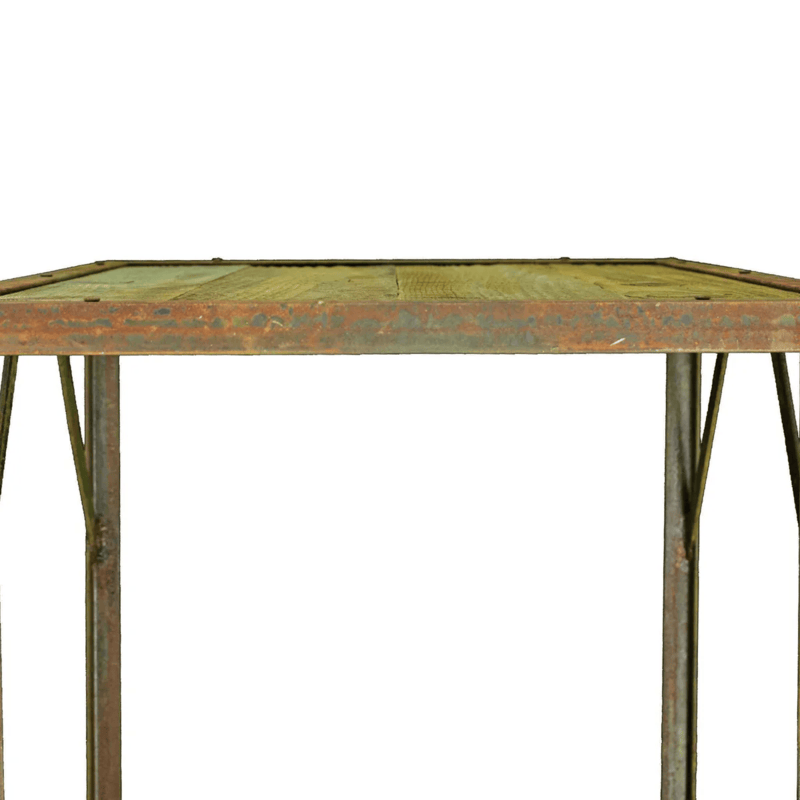 close up front view of the lee display rustic outdoor work table